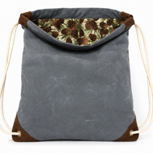 Evergreen grey waxed canvas drawstring bag with pine corn lining handmade in brooklyn