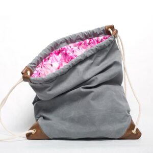 kingsland grey waxed canvas drawstring bag with pink flamingo lining handmade in brooklyn