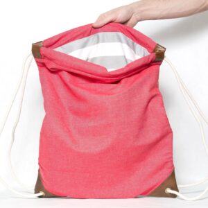 pacific coral red light denim drawstring bag with stripe lining handmade in brooklyn