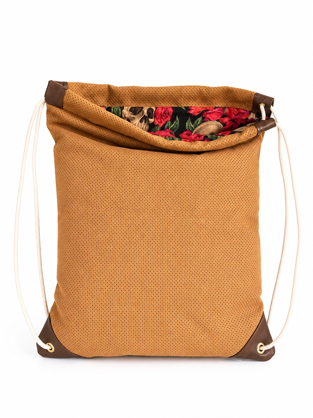 stockholm tan perforated suede drawstring bag with floral skull lining handmade in brooklyn