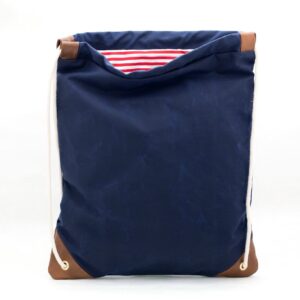 washington navy waxed canvas drawstring bag with red stripe lining handmade in brooklyn