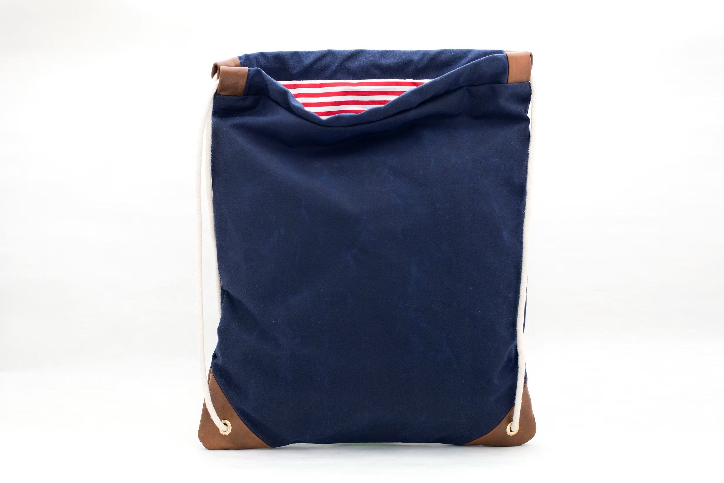 washington navy waxed canvas drawstring bag with red stripe lining handmade in brooklyn