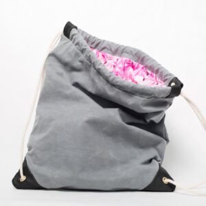 west end grey waxed canvas drawstring bag with pink flamingo lining handmade in brooklyn